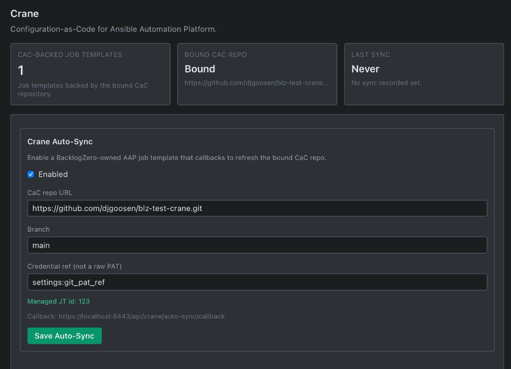 Crane Auto-Sync board: CaC-backed job templates, bound repo, last sync, and Enable Auto-Sync with repo URL, branch, and credential ref.
