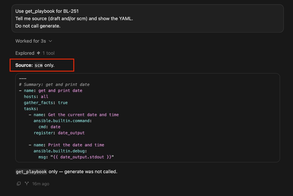 Agent chat using get_playbook for BL-251. The result names source as scm only and prints the YAML from the Controller project. Generate was not called.