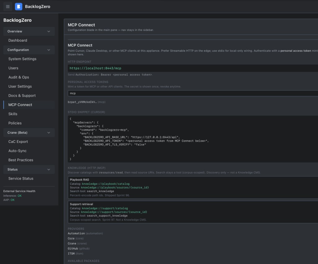 MCP Connect in the main pane — HTTP endpoint, personal access tokens, and Cursor stdio snippet, with navigation remaining in the sidebar.