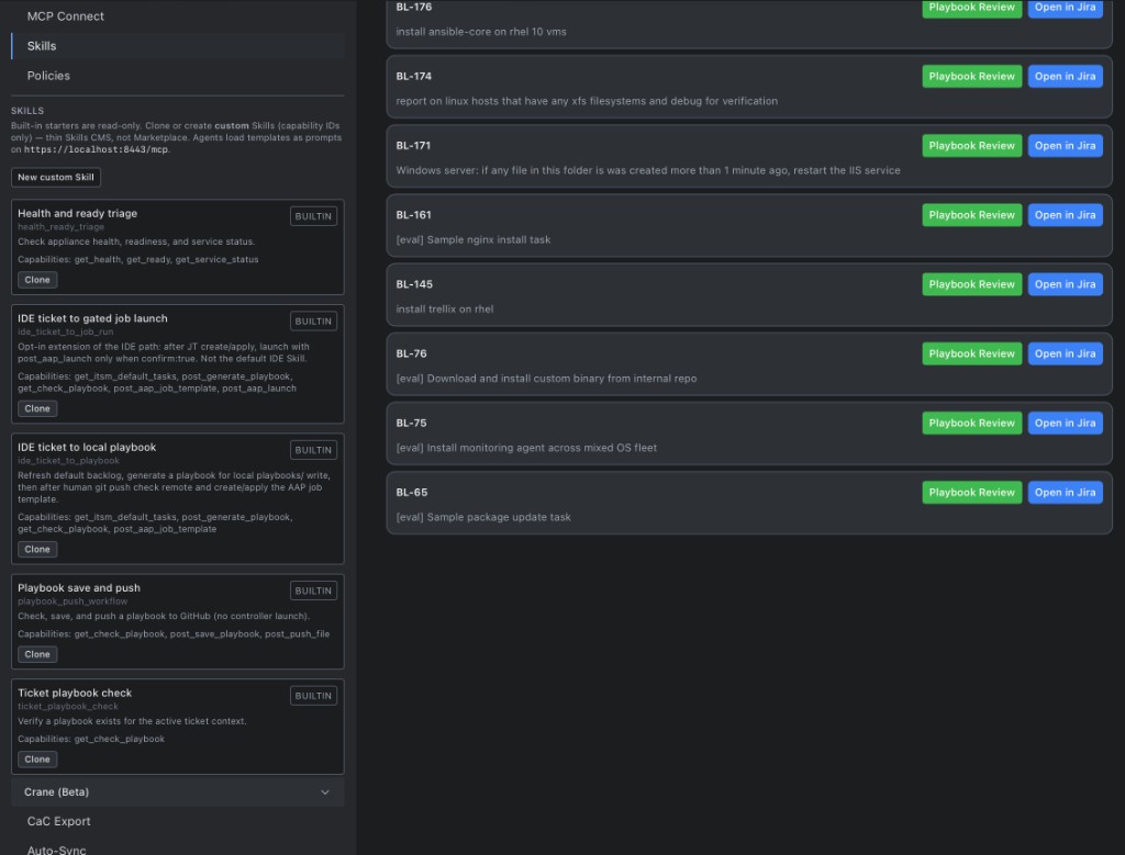 Skills as a sidebar blade listing built-in starters, with the ticket list still in the main pane